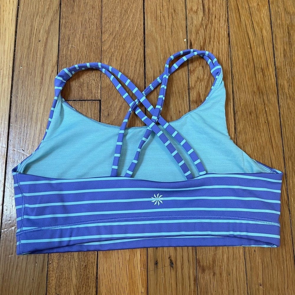 Athleta Girl Sports Bra Size Large 12 Blue Striped Cross Back Stretchy Soft - Picture 2 of 4